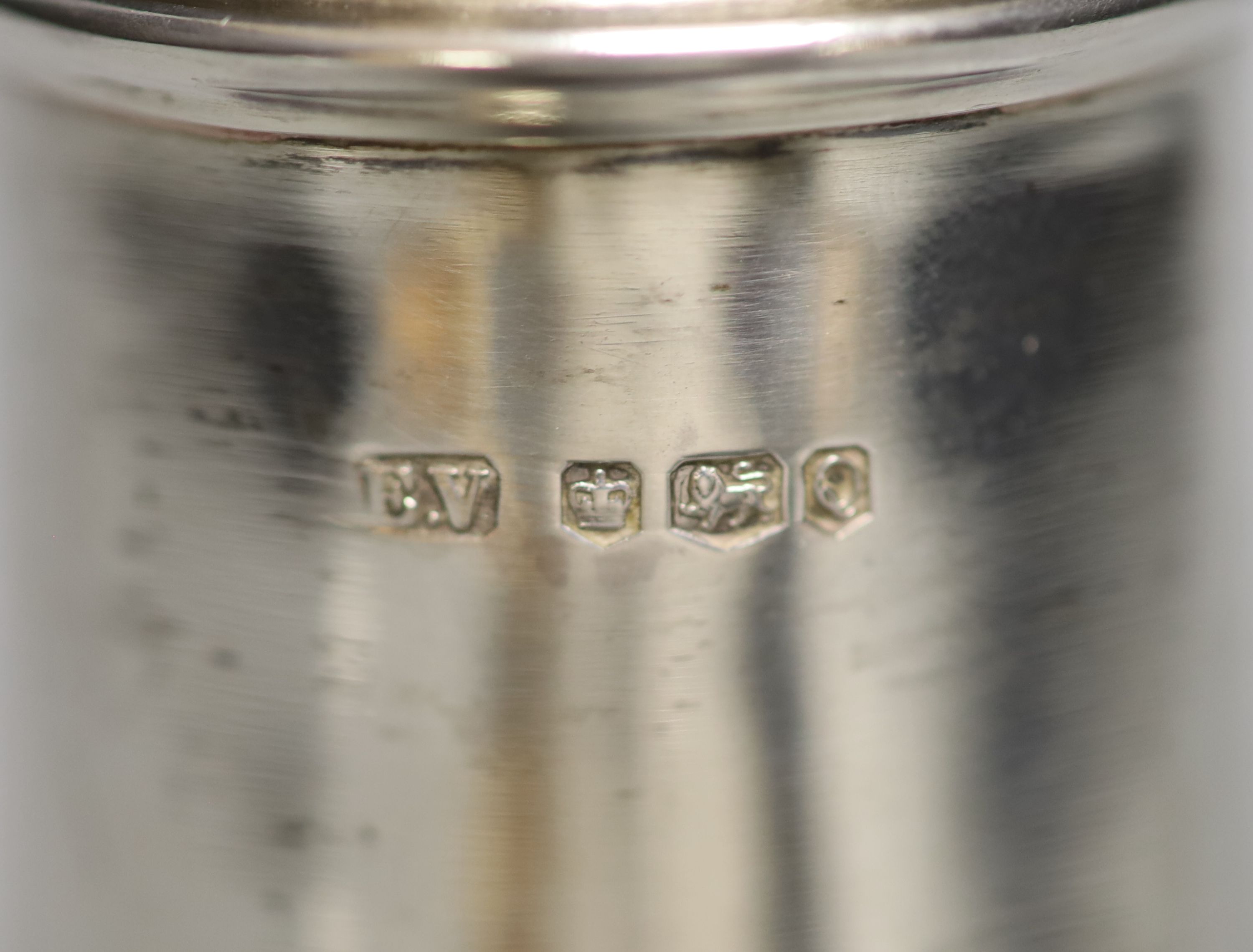 A 1960s silver sugar caster, with engraved inscription, 18cm, 4.5oz (a.f.).